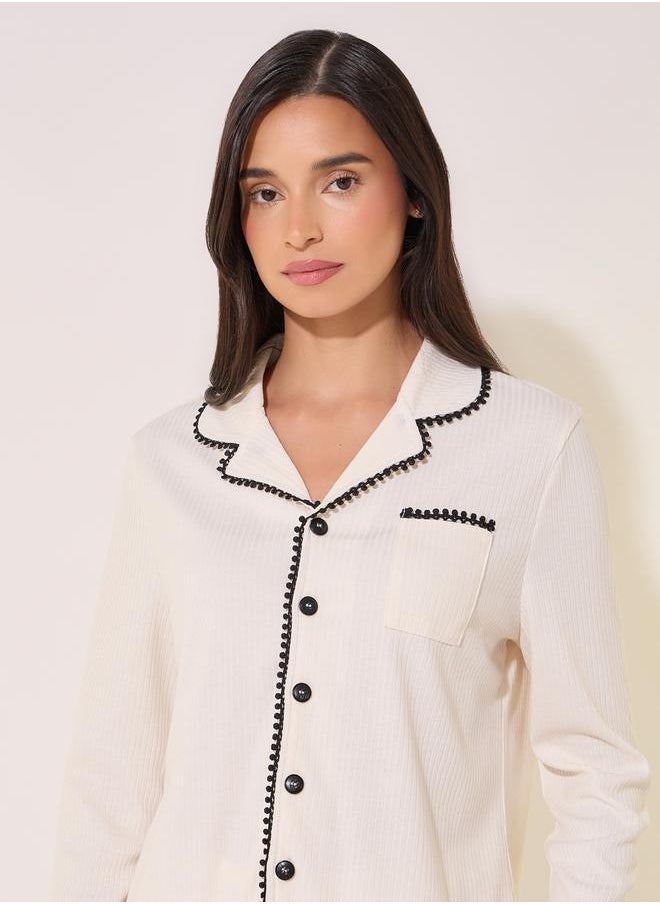 Take Two Contrast Trim Shirt with Pocket and Pyjama Set  - Image 3
