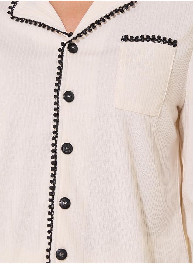 Take Two Contrast Trim Shirt with Pocket and Pyjama Set  - Image 4