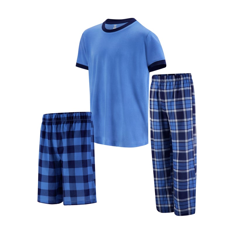US Angels Boys Pajamas Set | 3-Piece Pant, Shirt, Shorts Sleepwear Pjs for Kids | Loose Fit, Soft, Breathable Blue Plaid - Image 1