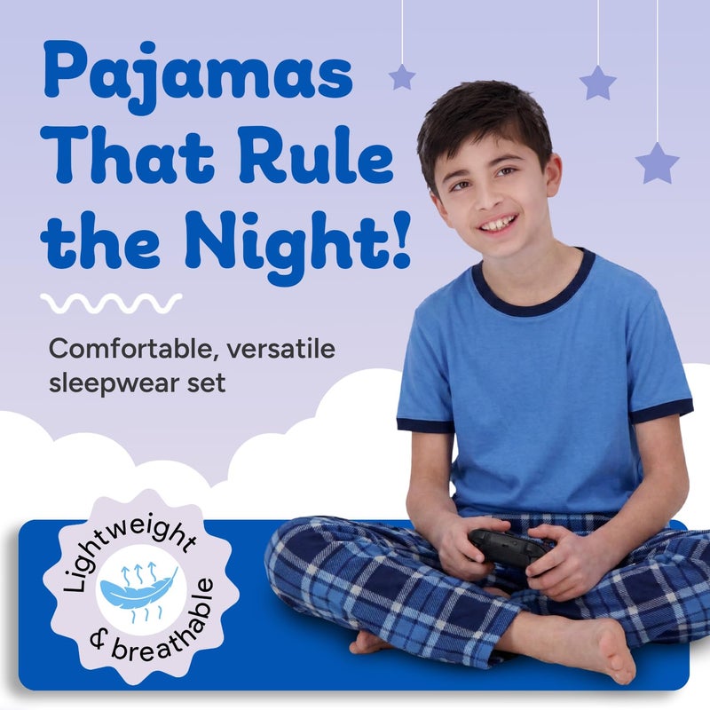 US Angels Boys Pajamas Set | 3-Piece Pant, Shirt, Shorts Sleepwear Pjs for Kids | Loose Fit, Soft, Breathable Blue Plaid - Image 2