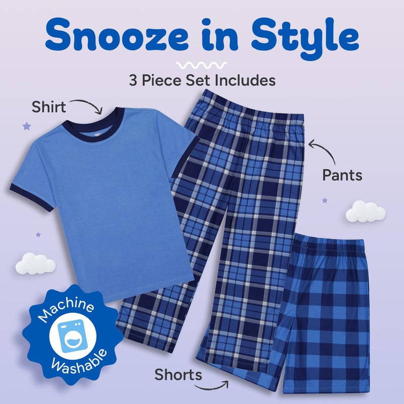 US Angels Boys Pajamas Set | 3-Piece Pant, Shirt, Shorts Sleepwear Pjs for Kids | Loose Fit, Soft, Breathable Blue Plaid - Image 3