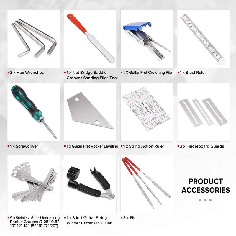 MIFOGE 25Pcs Guitar Repairing Tools Kit Setup Kit with Carry Bag for Acoustic Electric guitar Ukulele Bass Banjo Maintenance Tool with Ruler Gauge Measuring Tool Hex Wrench Files Fingerboard Guard - Image 2