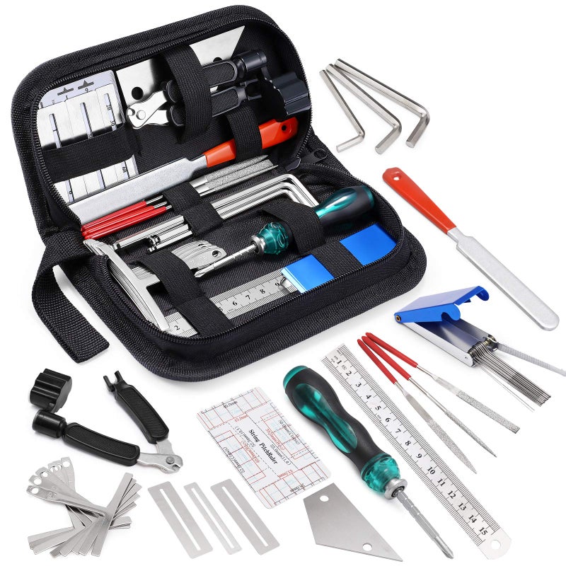 MIFOGE 25Pcs Guitar Repairing Tools Kit Setup Kit with Carry Bag for Acoustic Electric guitar Ukulele Bass Banjo Maintenance Tool with Ruler Gauge Measuring Tool Hex Wrench Files Fingerboard Guard - Image 1