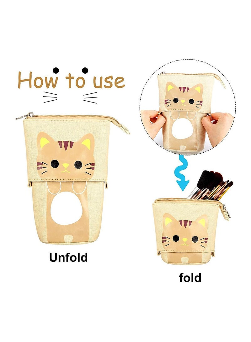 Y&D 2 Pcs Transformer Stand Store Pencil Holder Canvas PU Cartoon Cute Cat Telescopic Organizer Cosmetics Pouch Makeup Bag Stationery Pen Case Box with Zipper for Students  - Image 2