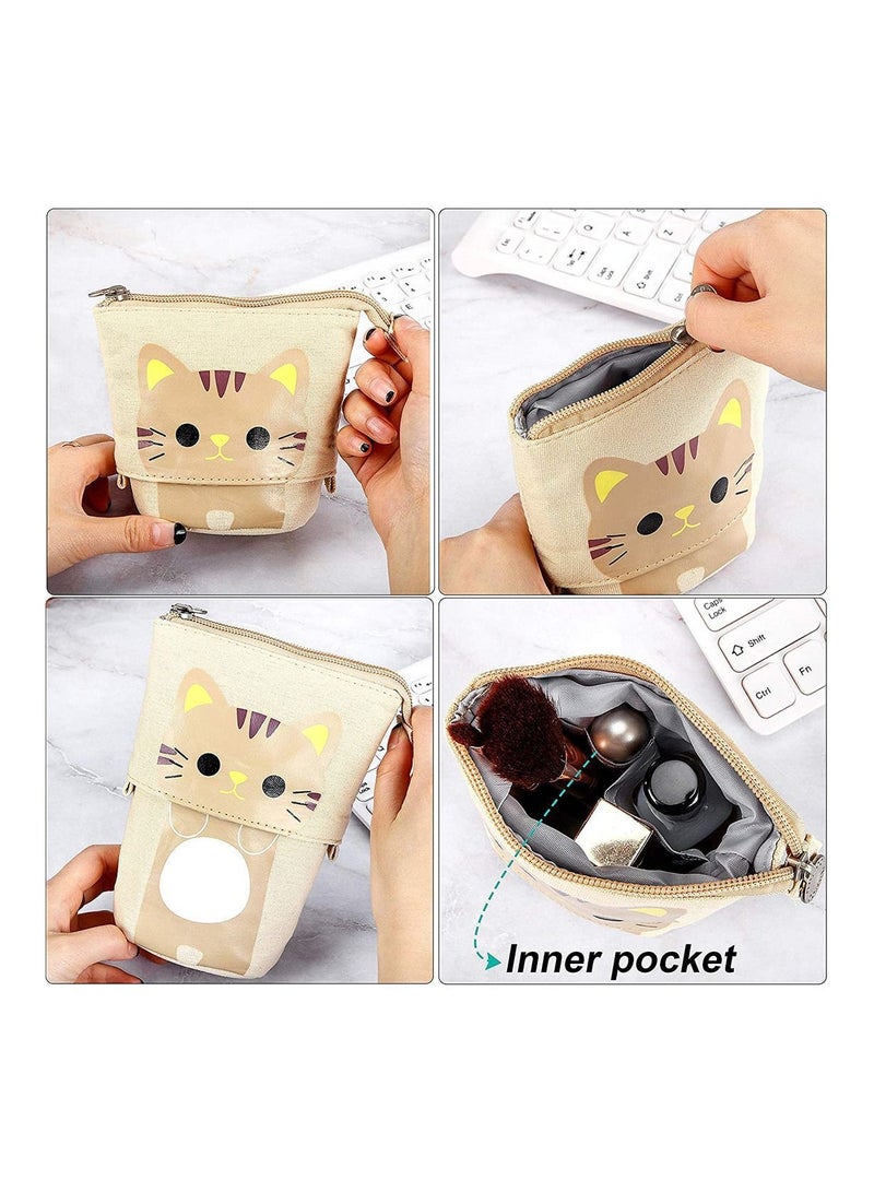 Y&D 2 Pcs Transformer Stand Store Pencil Holder Canvas PU Cartoon Cute Cat Telescopic Organizer Cosmetics Pouch Makeup Bag Stationery Pen Case Box with Zipper for Students  - Image 3