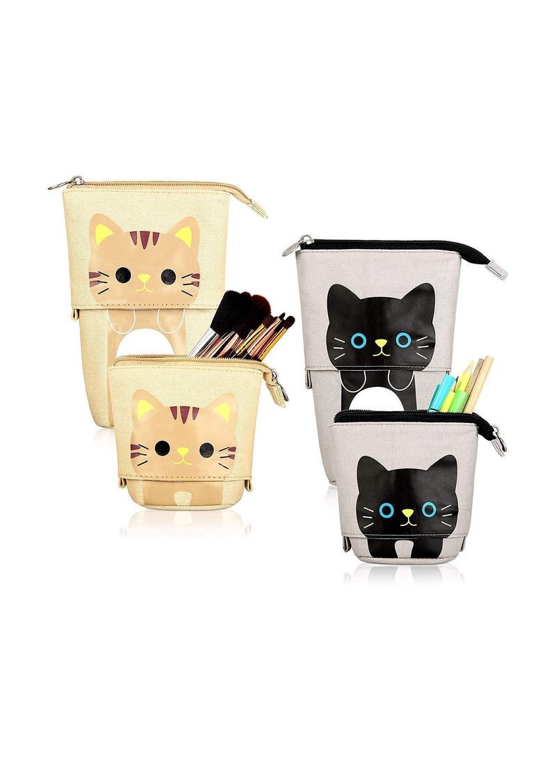 Y&D 2 Pcs Transformer Stand Store Pencil Holder Canvas PU Cartoon Cute Cat Telescopic Organizer Cosmetics Pouch Makeup Bag Stationery Pen Case Box with Zipper for Students  - Image 1