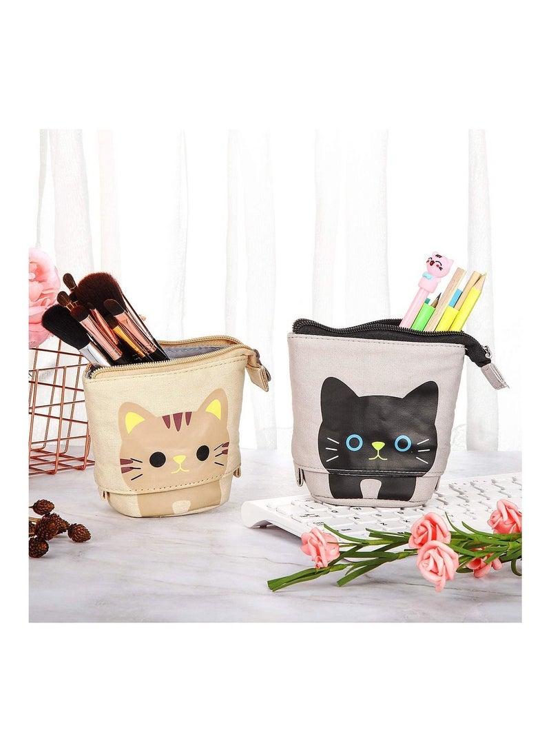 Y&D 2 Pcs Transformer Stand Store Pencil Holder Canvas PU Cartoon Cute Cat Telescopic Organizer Cosmetics Pouch Makeup Bag Stationery Pen Case Box with Zipper for Students  - Image 5
