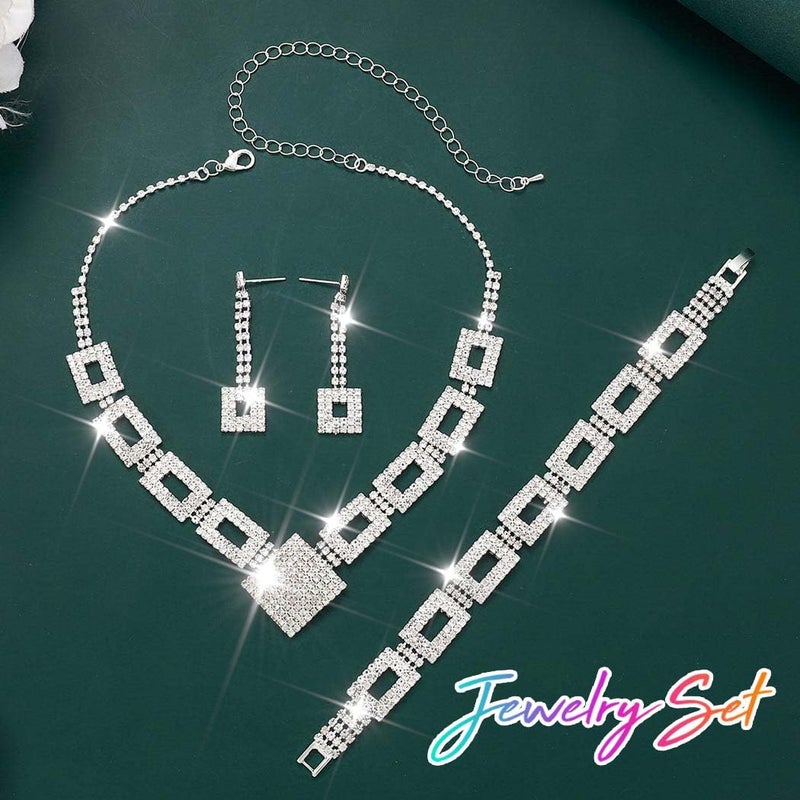 Unicra Crystal Bridal Wedding Jewelry Set Silver Rhinestone Necklace Earrings Bracelet Sets Formal Costume Jewelry for Women and Brides (Silver-3 Pack Necklace Bracelet Earrings) - Image 4