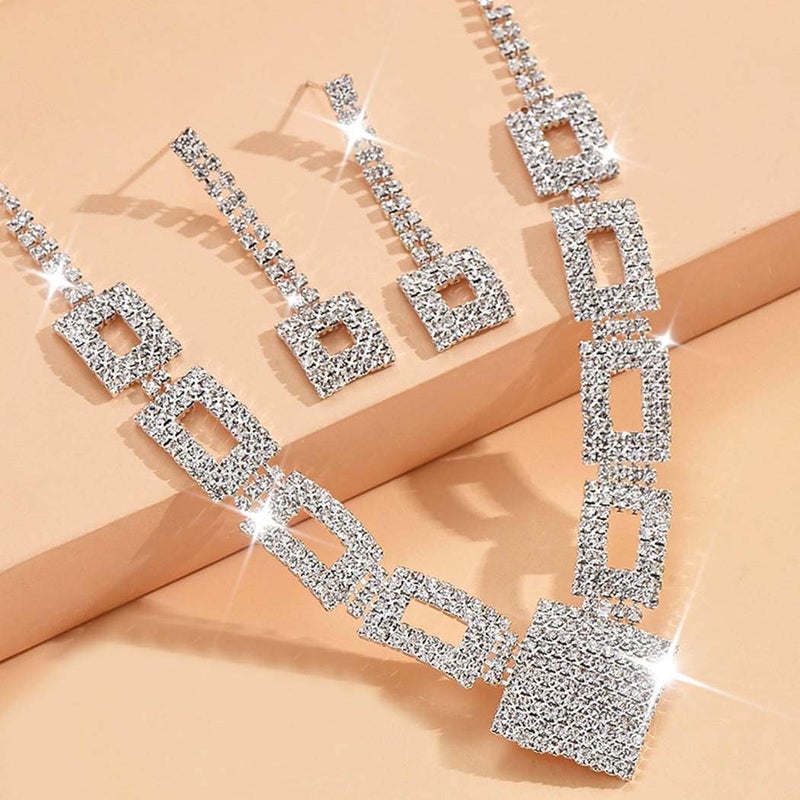 Unicra Crystal Bridal Wedding Jewelry Set Silver Rhinestone Necklace Earrings Bracelet Sets Formal Costume Jewelry for Women and Brides (Silver-3 Pack Necklace Bracelet Earrings) - Image 2