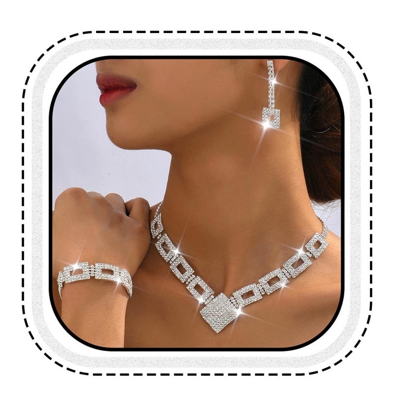 Unicra Crystal Bridal Wedding Jewelry Set Silver Rhinestone Necklace Earrings Bracelet Sets Formal Costume Jewelry for Women and Brides (Silver-3 Pack Necklace Bracelet Earrings) - Image 1