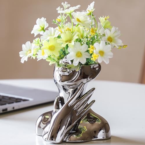 BrownLove Silver Ceramic Face Vase, Modern Silver Decorative Art Vase, Bookshelf Placed On The Desktop, Small Living Room, Office and Bedroom - Image 1