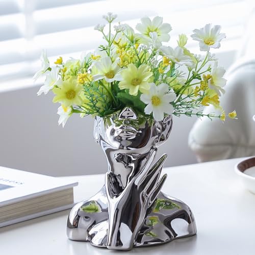 BrownLove Silver Ceramic Face Vase, Modern Silver Decorative Art Vase, Bookshelf Placed On The Desktop, Small Living Room, Office and Bedroom - Image 2
