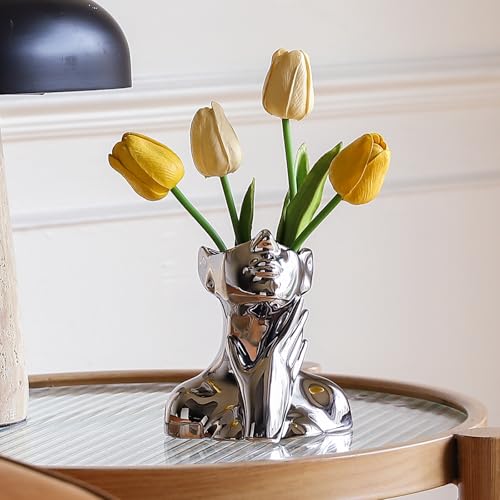 BrownLove Silver Ceramic Face Vase, Modern Silver Decorative Art Vase, Bookshelf Placed On The Desktop, Small Living Room, Office and Bedroom - Image 3