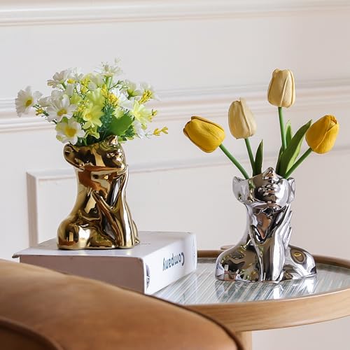 BrownLove Silver Ceramic Face Vase, Modern Silver Decorative Art Vase, Bookshelf Placed On The Desktop, Small Living Room, Office and Bedroom - Image 4