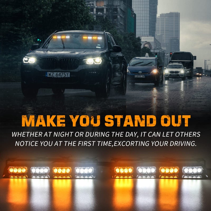 XRIDONSEN Emergency Dash Strobe Lights Safety Flashing Warning Hazard Interior Front/Rear Windshield Deck Split Light Bar w/Suction Cups for Construction Vehicles Trucks (2x14 inch, Amber White) - Image 2