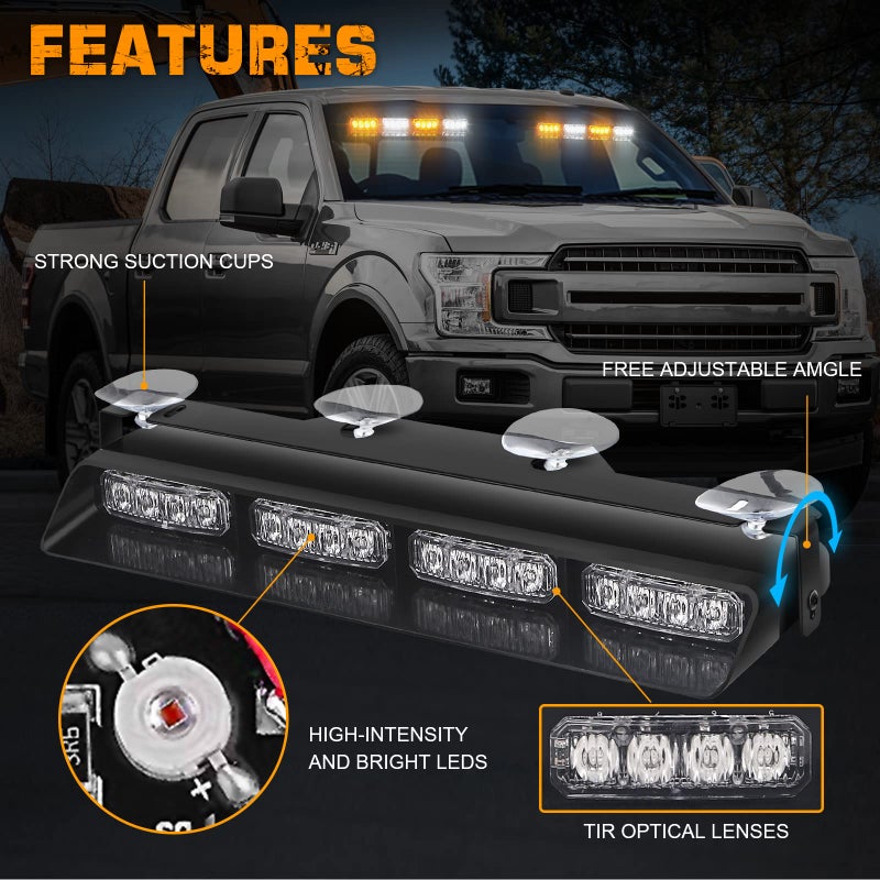 XRIDONSEN Emergency Dash Strobe Lights Safety Flashing Warning Hazard Interior Front/Rear Windshield Deck Split Light Bar w/Suction Cups for Construction Vehicles Trucks (2x14 inch, Amber White) - Image 3