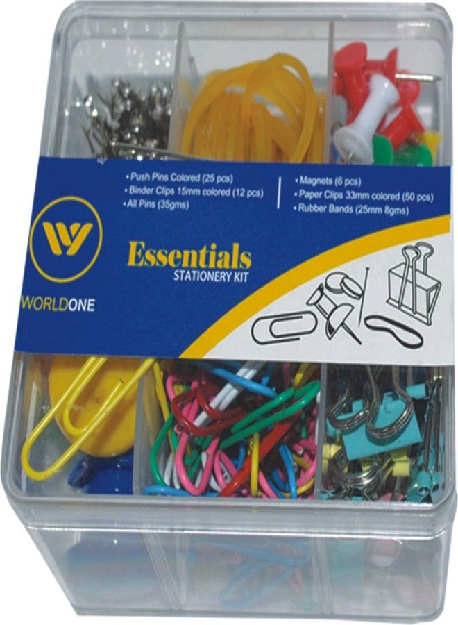 Worldone Essential Stationery Kit with 25 Pcs Colored Push Pins, 12 Binder Clip (15mm), 35gm Al Pins, 6 Pcs Magnets, 50 pcs 33mm Colored Paper Clips, 25mm Rubber Bands, Pack of 2 of these Plastic kits - Image 1