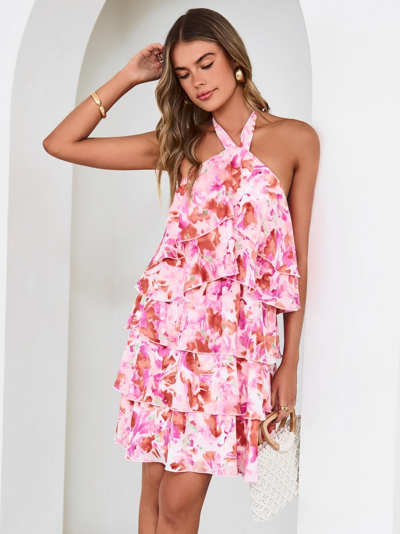 Simplee Womens Summer Floral Mini Dress Casual Sleeveless Halter Ruffle Tiered Chiffon Boho Beach Vacation Short Dresses,Pink M - Image 3