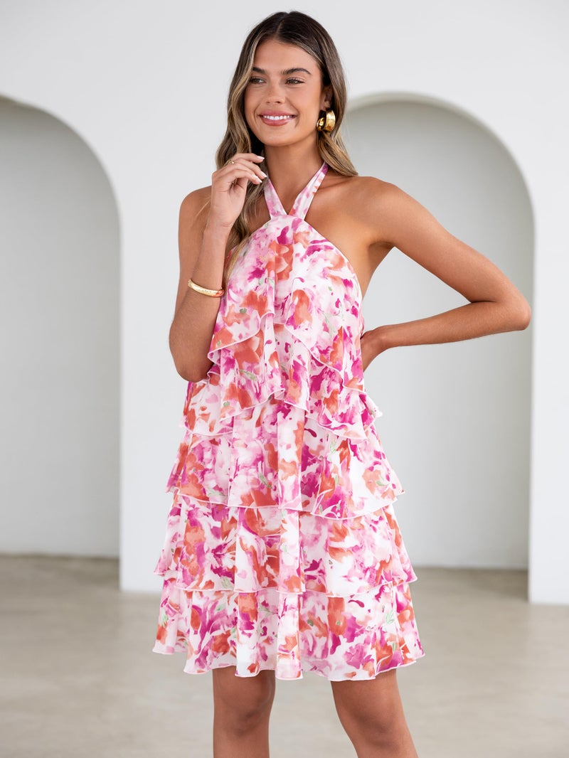 Simplee Womens Summer Floral Mini Dress Casual Sleeveless Halter Ruffle Tiered Chiffon Boho Beach Vacation Short Dresses,Pink M - Image 2