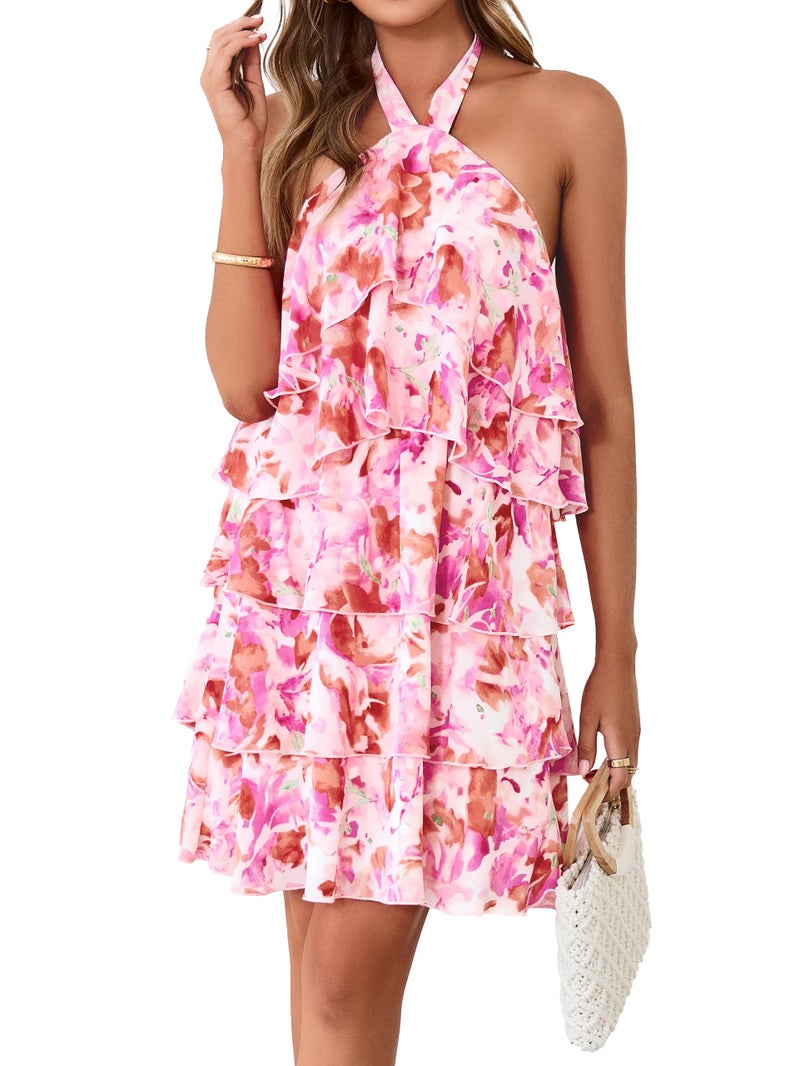Simplee Womens Summer Floral Mini Dress Casual Sleeveless Halter Ruffle Tiered Chiffon Boho Beach Vacation Short Dresses,Pink M - Image 1