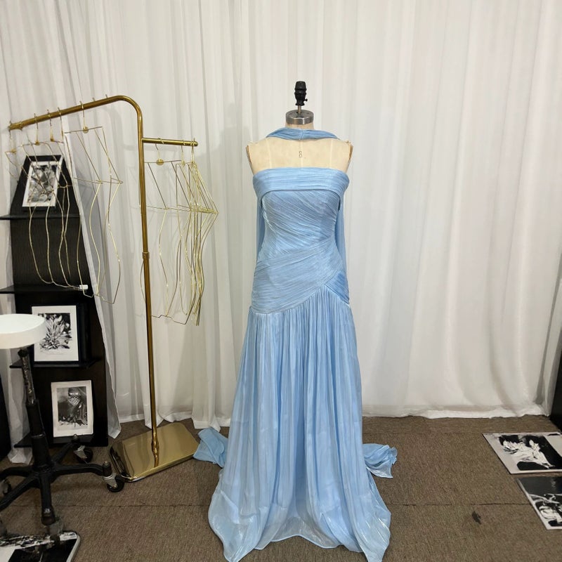 Sky Blue Chiffon Strapless Bridesmaid Evening Dress - Image 2