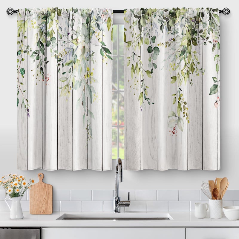 Aimego Floral Eucalyptus Leaves Kitchen Curtains - Rustic Country Botanical Plant Flowers Spring Short Cafe Tier Curtains Decor Watercolor Vintage Small Window Drapes 36 Inch Length 2 Panels 28"x36" - Image 1