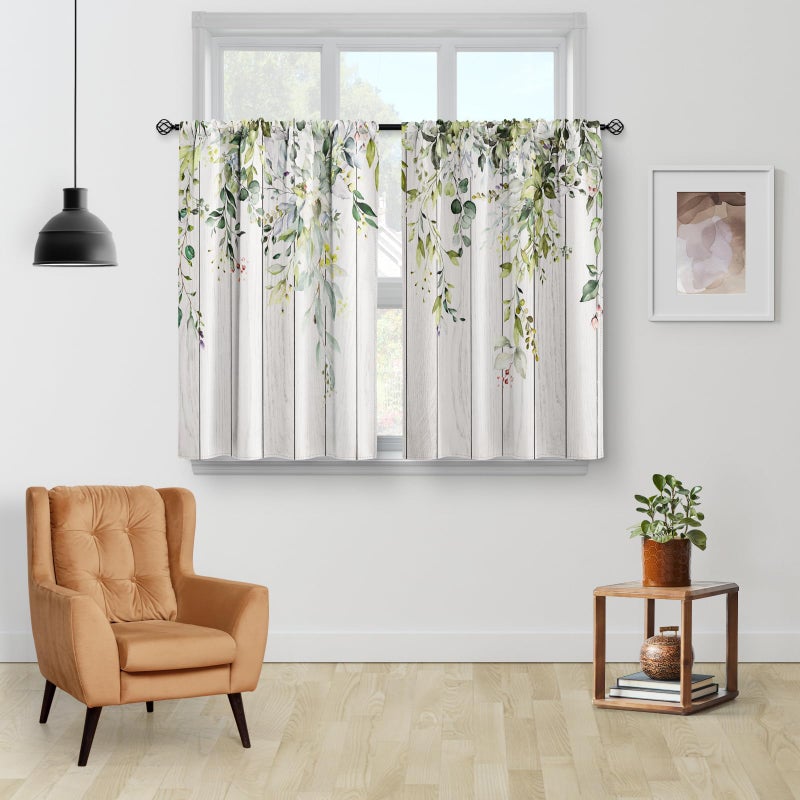 Aimego Floral Eucalyptus Leaves Kitchen Curtains - Rustic Country Botanical Plant Flowers Spring Short Cafe Tier Curtains Decor Watercolor Vintage Small Window Drapes 36 Inch Length 2 Panels 28"x36" - Image 2