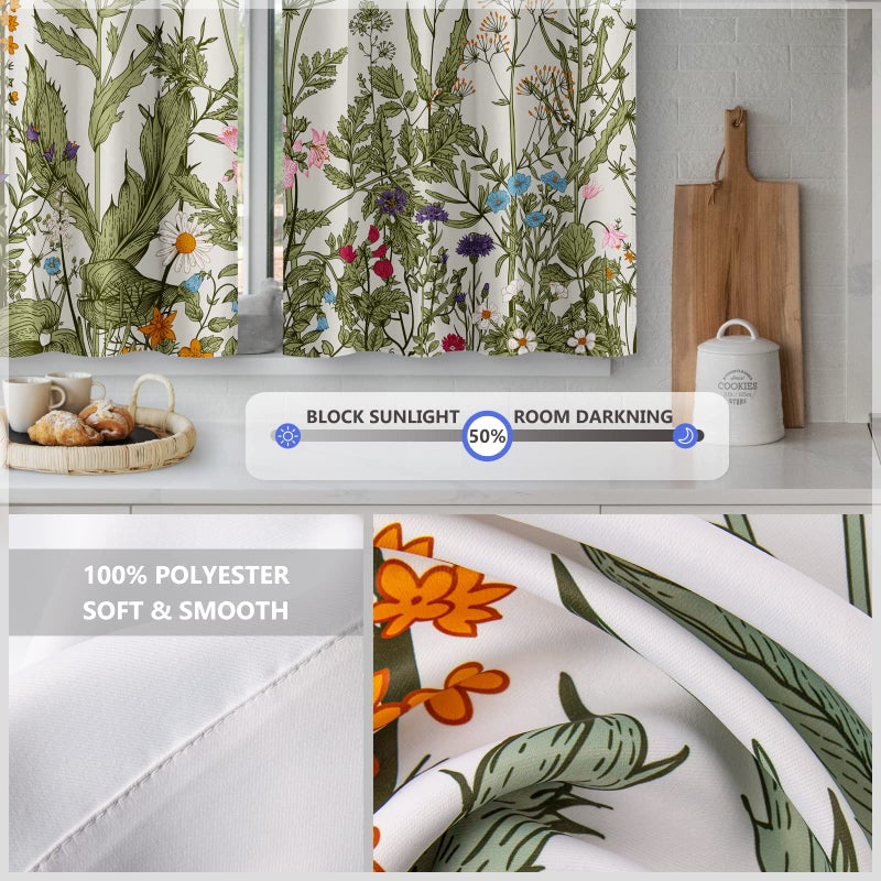 Aimego Floral Eucalyptus Leaves Kitchen Curtains - Rustic Country Botanical Plant Flowers Spring Short Cafe Tier Curtains Decor Watercolor Vintage Small Window Drapes 36 Inch Length 2 Panels 28"x36" - Image 4