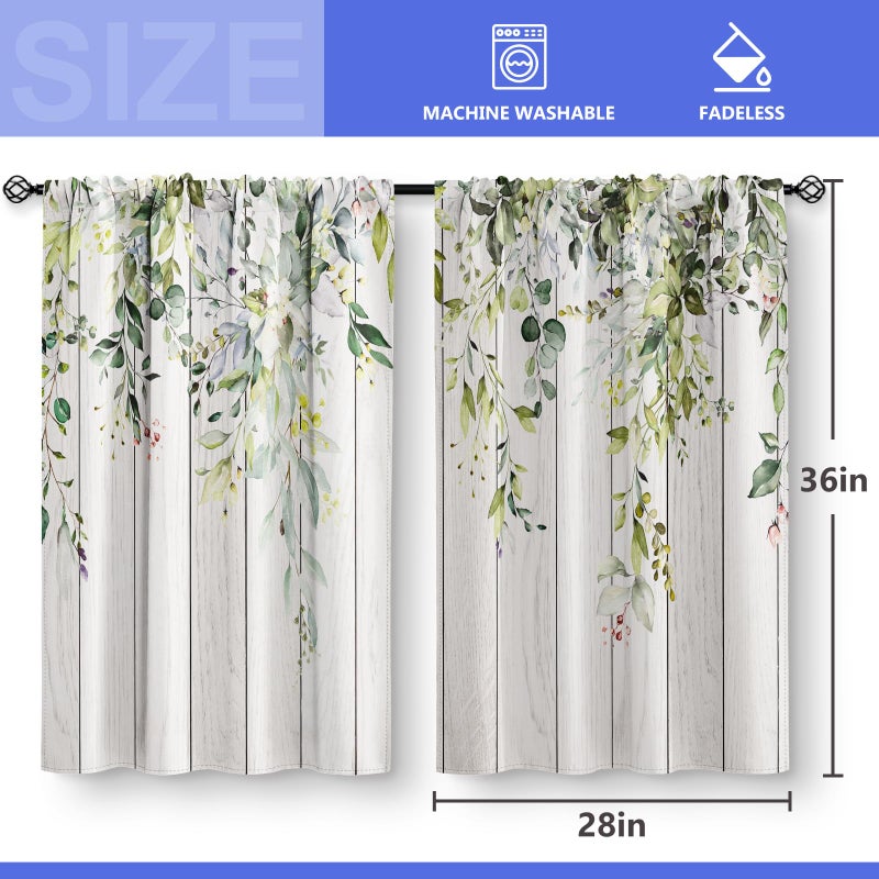 Aimego Floral Eucalyptus Leaves Kitchen Curtains - Rustic Country Botanical Plant Flowers Spring Short Cafe Tier Curtains Decor Watercolor Vintage Small Window Drapes 36 Inch Length 2 Panels 28"x36" - Image 3