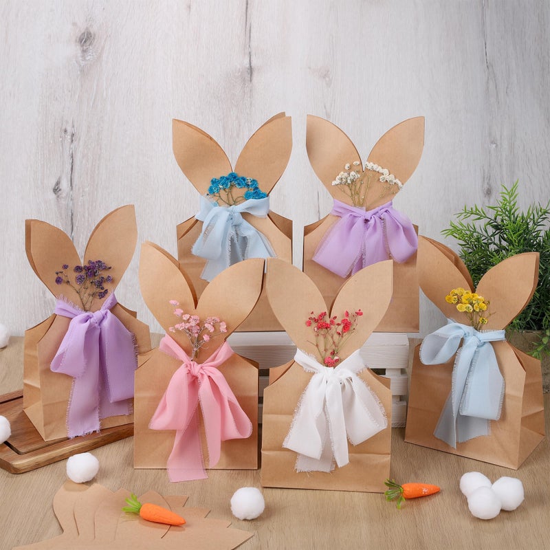 MIMIND 30 Set Easter Bunny Party Favor Bags DIY Brown Bunnies Gift Boxes with Neutral Bow Ribbon Artificial Flowers Rustic Paper Rabbit Ears Goodie Treat Bags Bulk for Birthday Easter Spring - Image 4