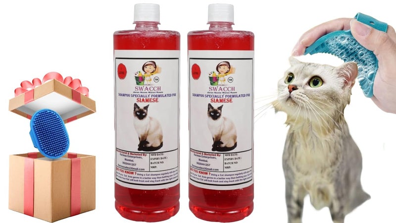 Swacch Siamese Cat Shampoo -1 Litre (Pack of 2) (Jasmine) + Bath Brush with Adjustable Straps Combo Pack - Image 1
