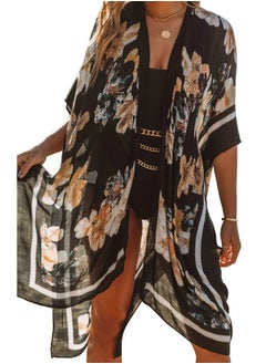 GUSGU Womens Chiffon Beach Blouses Kimono Cardigan Long Bikini Cover Up Swimsuit Coverups Beach Cover Up Swimwear Summer Black  - Image 1