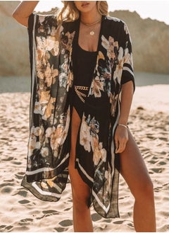 GUSGU Womens Chiffon Beach Blouses Kimono Cardigan Long Bikini Cover Up Swimsuit Coverups Beach Cover Up Swimwear Summer Black  - Image 2