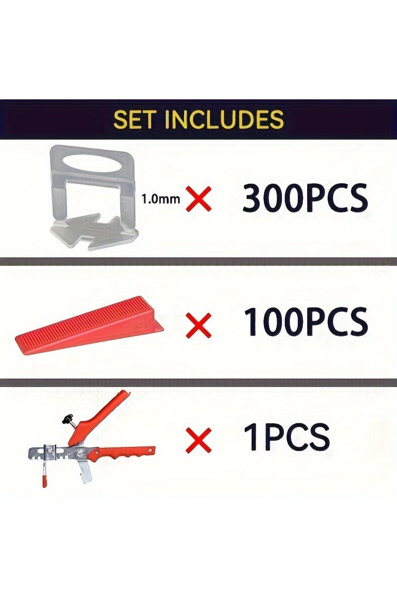 إيروريكس مشابك 1.0 مم، 300 قطعة، ونظام تسوية بلاط بلاستيكي 100 قطعة مع أداة كماشة واحدة (الملحقات متوفرة).