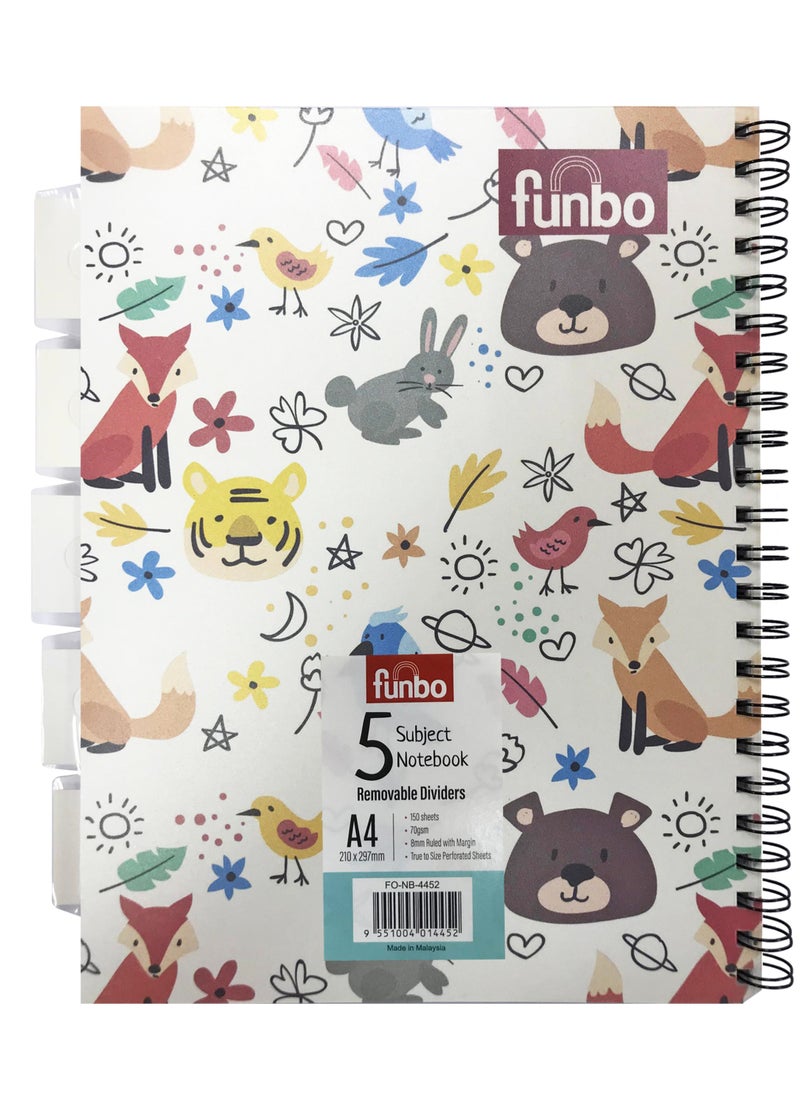 Funbo - Funbo - A4 Size, 150 sheets notebook with PP cover and dividers for 5 subjects (Furry Tales) - Image 1
