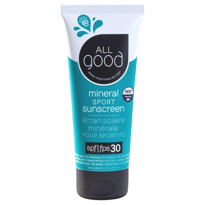 All Good Sunscreen Sport Mineral Sunscreen Lotion Reef Friendly SPF 30 for Face Body Water Sweat Resistant 3 oz