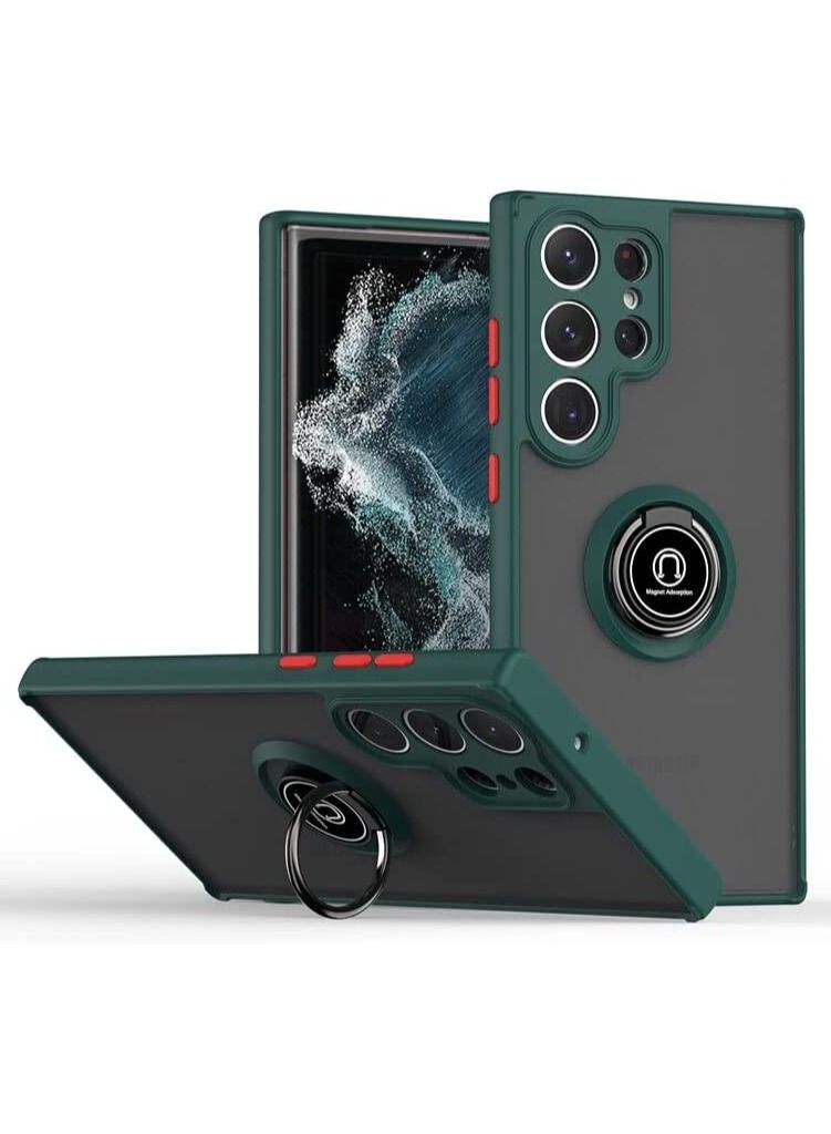 حافظة سامسونج جالاكسي S23 ألترا، حماية الكاميرا رقيقة شفافة مضادة للصدمات غلاف خلفي غير لامع مع حامل حلقة مغناطيسية دوارة 360 للسيارة لسامسونج S23 ألترا (أخضر)