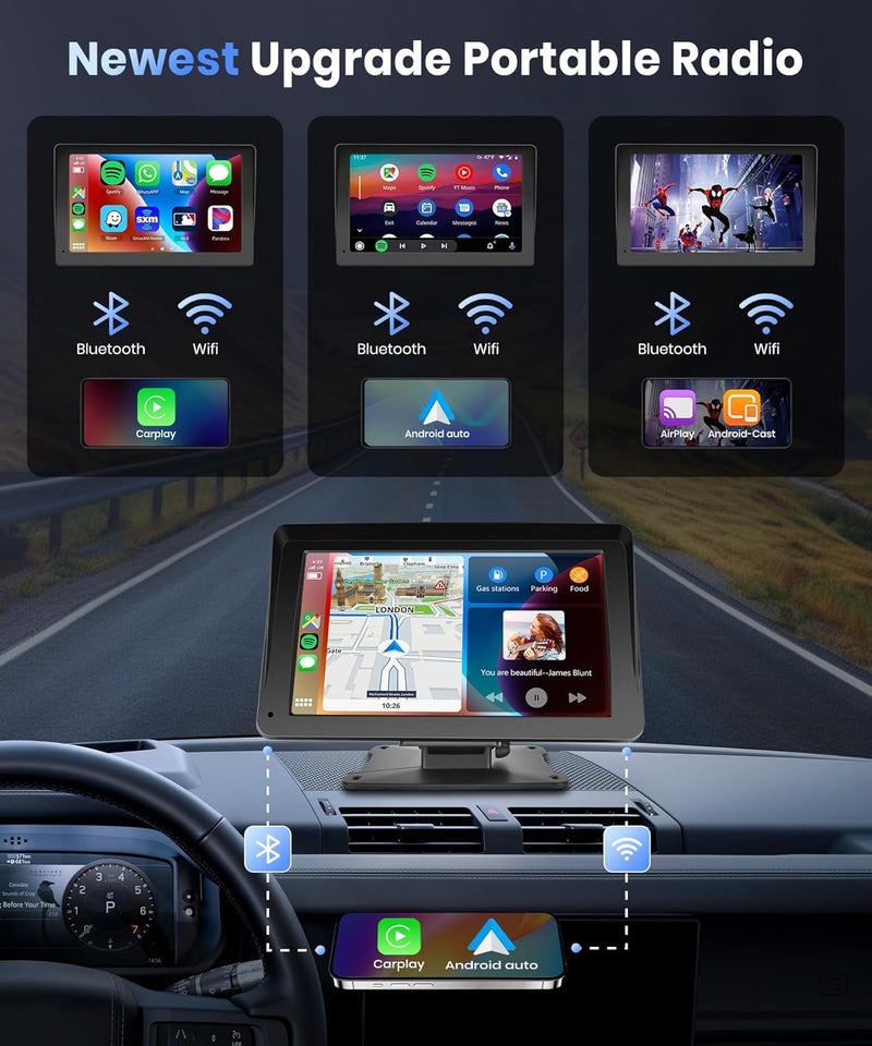 Podofo Portable Car Stereo Wireless Carplay Android Auto,7 Inch Touch Screen Car Radio with Bluetooth Hands-Free/Mirror Link/Maps Navigation/Voice Control/TF Card/AUX,for Cars, Trucks, SUVs - Image 3