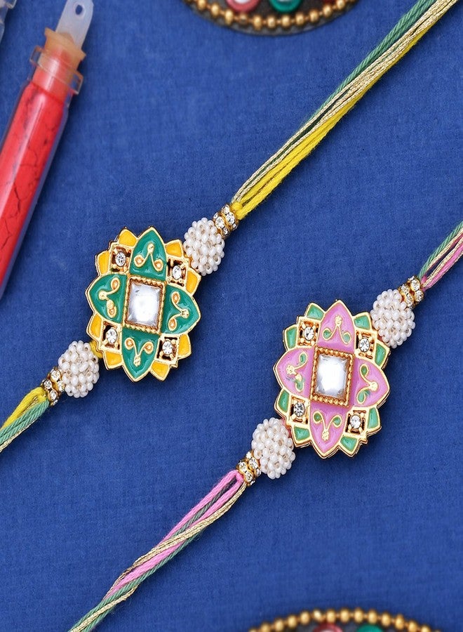 VOYLLA Set of 2 Meenakari Kundan Embellished Pink & Green Floral Enamel Work Rakhi - Image 2