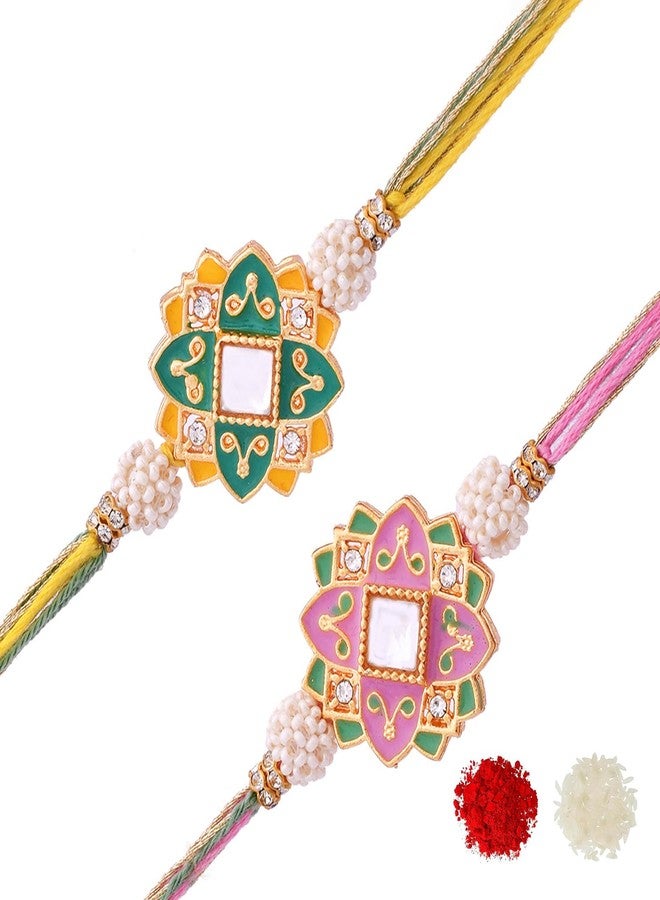VOYLLA Set of 2 Meenakari Kundan Embellished Pink & Green Floral Enamel Work Rakhi - Image 1
