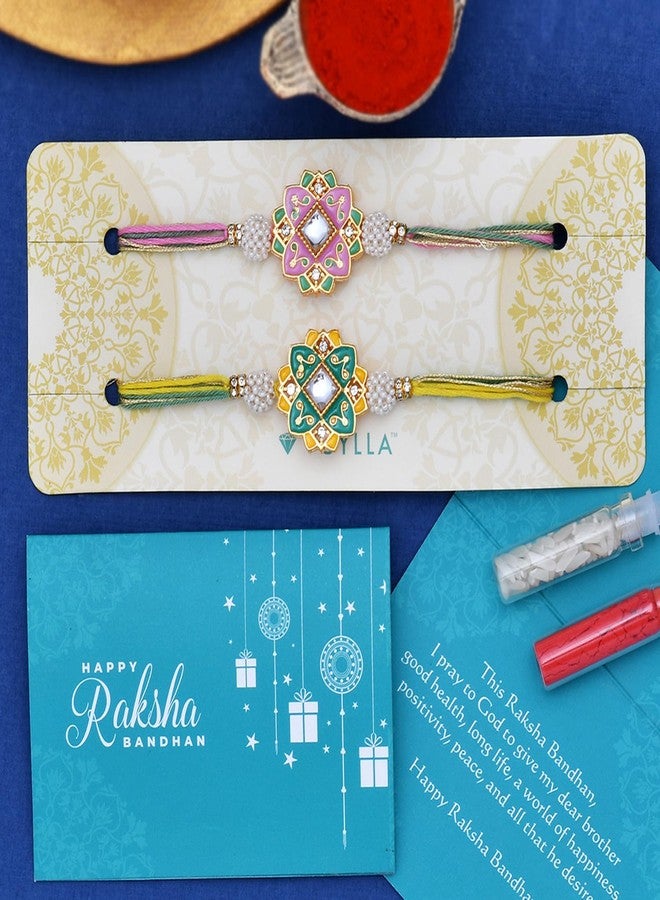 VOYLLA Set of 2 Meenakari Kundan Embellished Pink & Green Floral Enamel Work Rakhi - Image 3
