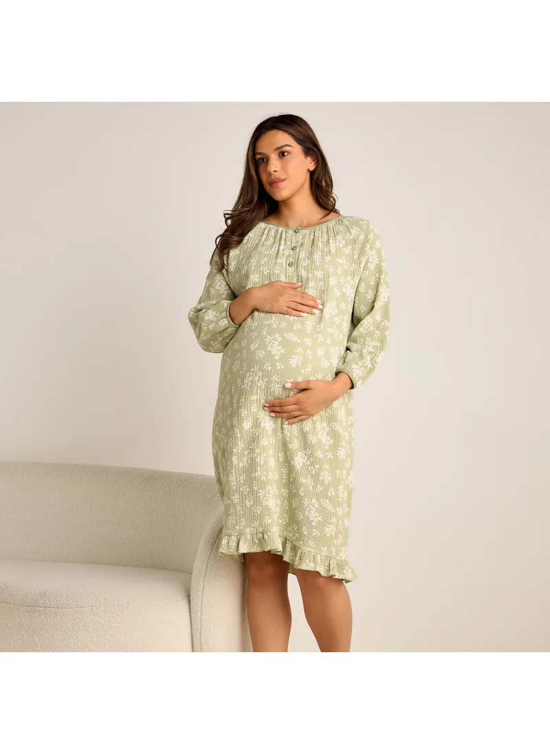 Splash FAV Floral Print Maternity Night Dress with Long Sleeves