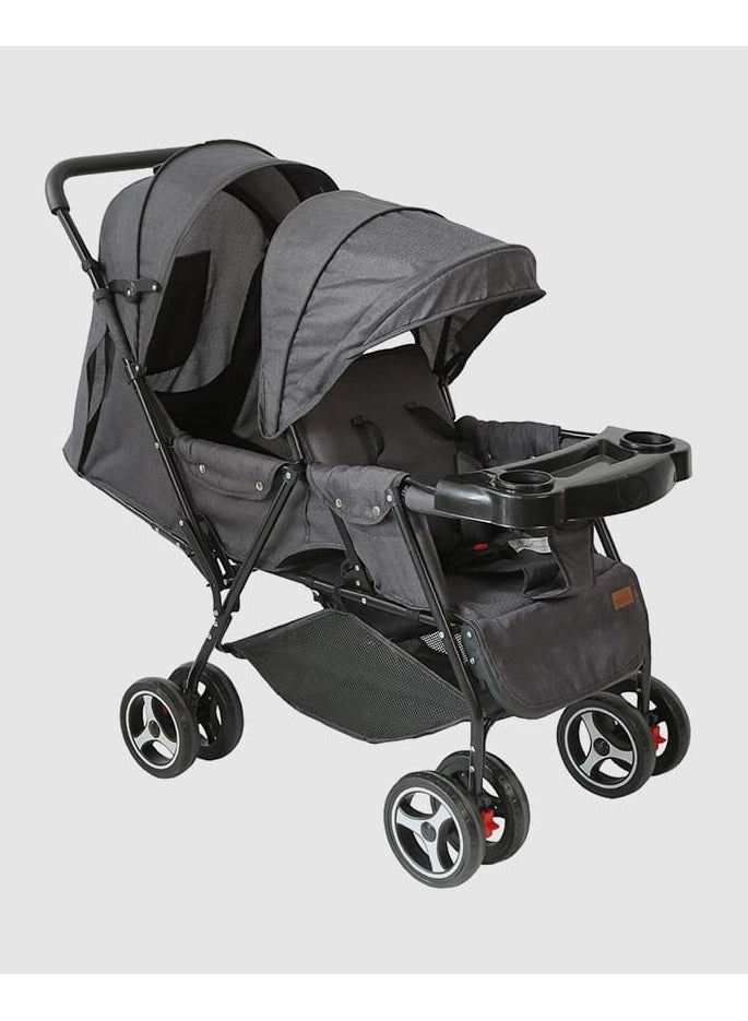 BABY TWIN FOLDABLE DUBLE STROLLER WITH 2 SEAT ADJUSTABLE PRAM (grey) - Image 1