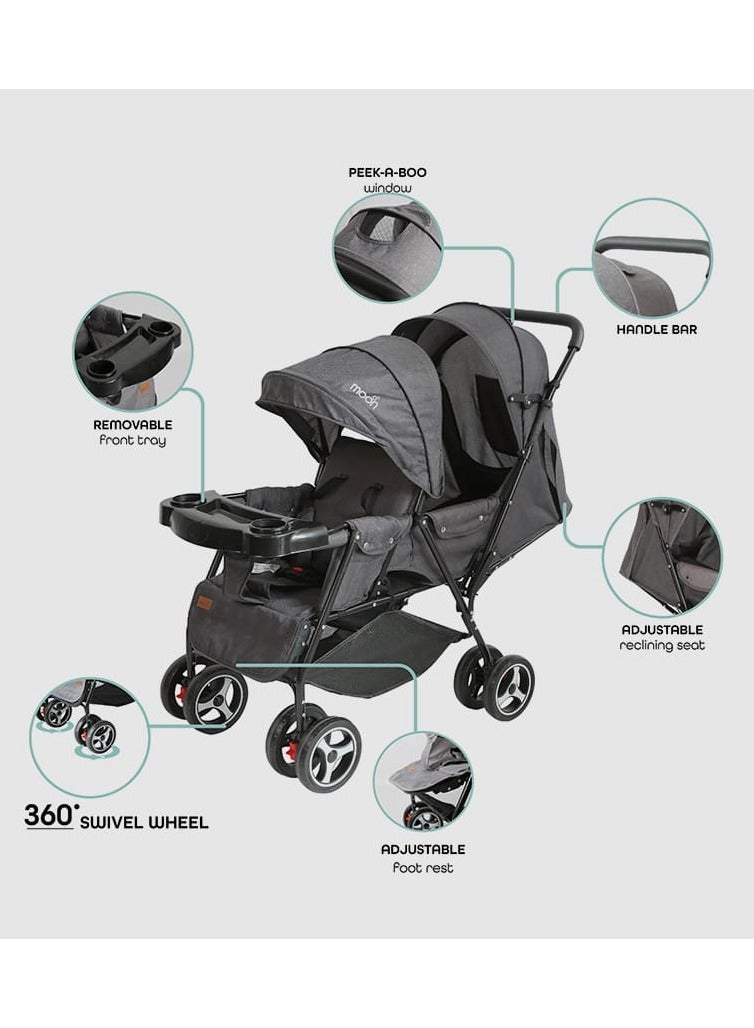 BABY TWIN FOLDABLE DUBLE STROLLER WITH 2 SEAT ADJUSTABLE PRAM (grey) - Image 4