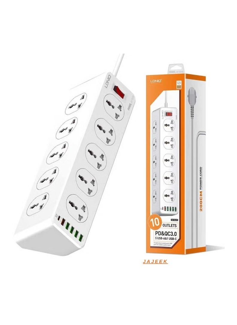 JAJEEK SC10610 Universal Power Socket Wall Mount – New Power Strip with PD USB Charging Ports, 10-Way Outlet Extension Plug Socket, Surge Protection, Compact Design for Home, Office, and Travel, Efficient Charging for Devices, Overload Protection, Black  - Image 1