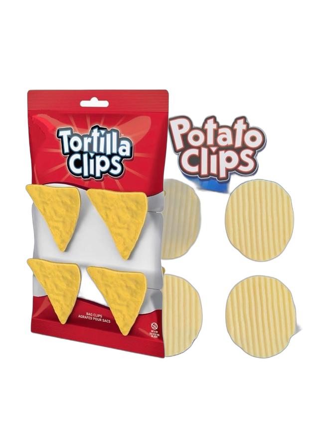 8-piece bag sealing clips for chips, bread, or snack bags to keep contents fresh. Designed in the shape of a triangular tortilla chip and an oval potato. A unique clip for securing and sealing potato chip bags, tortilla bags, or snack bags. An essential kitchen accessory. 8-piece set. - Image 1
