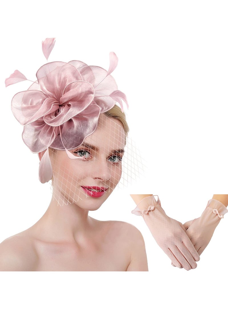 Loquat Hat for Women Pillbox Bowknot Fascinator Feathers Veil Mesh Headband and Short Lace Gloves Floral Tea Party Wedding Flower Cocktail Hair Clip - Image 1