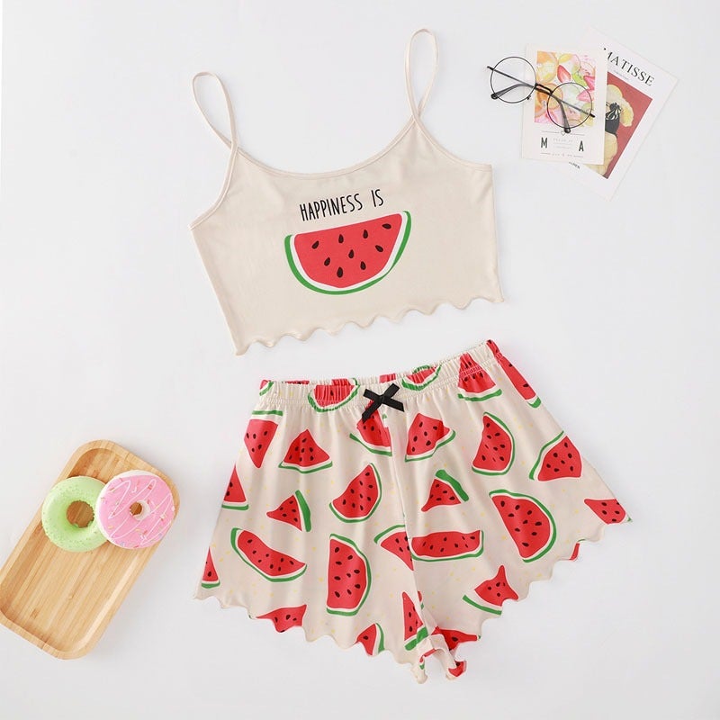 Spring New Style Women's Pajamas, European and American Two-Piece Set with Printed Camisole and Shorts