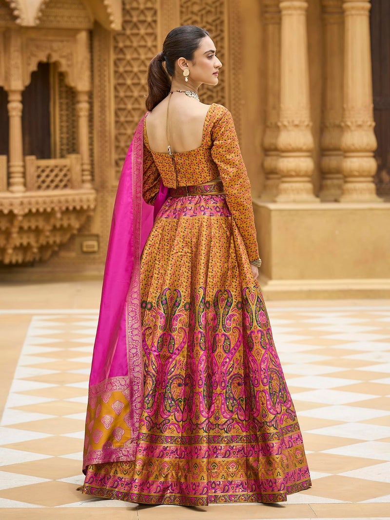 PURVAJA Women's Kanjiwaram Semi-Stitched Lehenga choli (Zahira-Yellow_Free Size) - Image 3