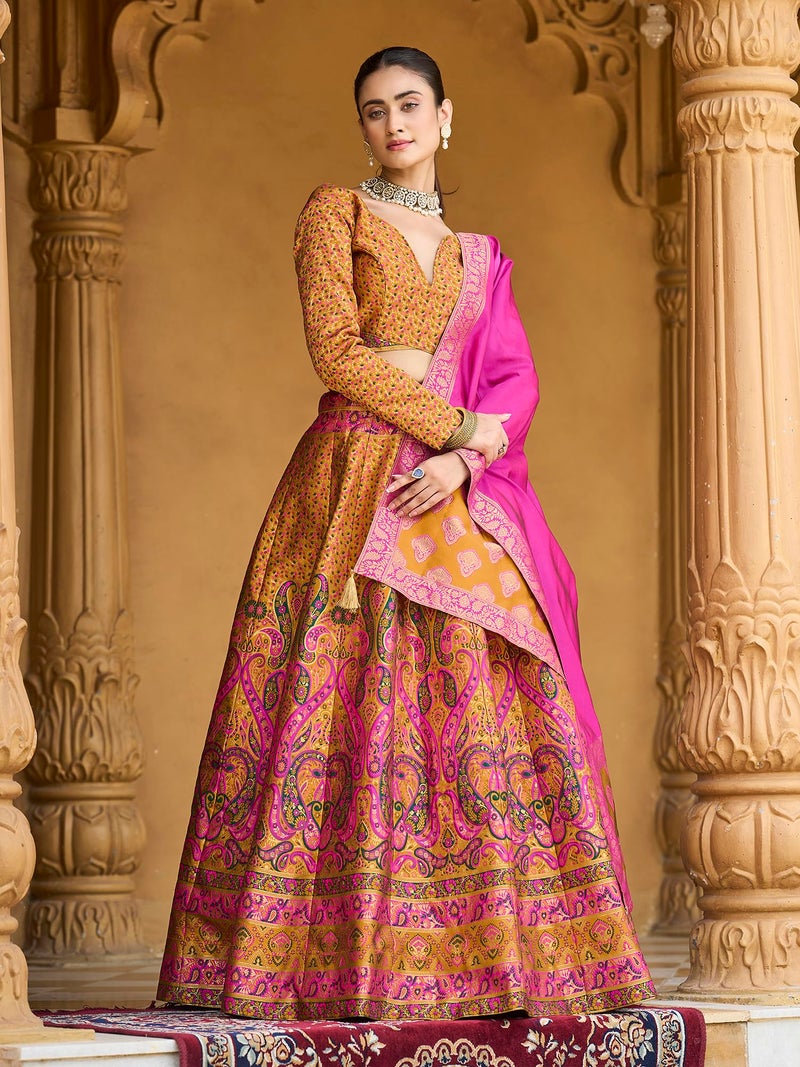 PURVAJA Women's Kanjiwaram Semi-Stitched Lehenga choli (Zahira-Yellow_Free Size) - Image 2